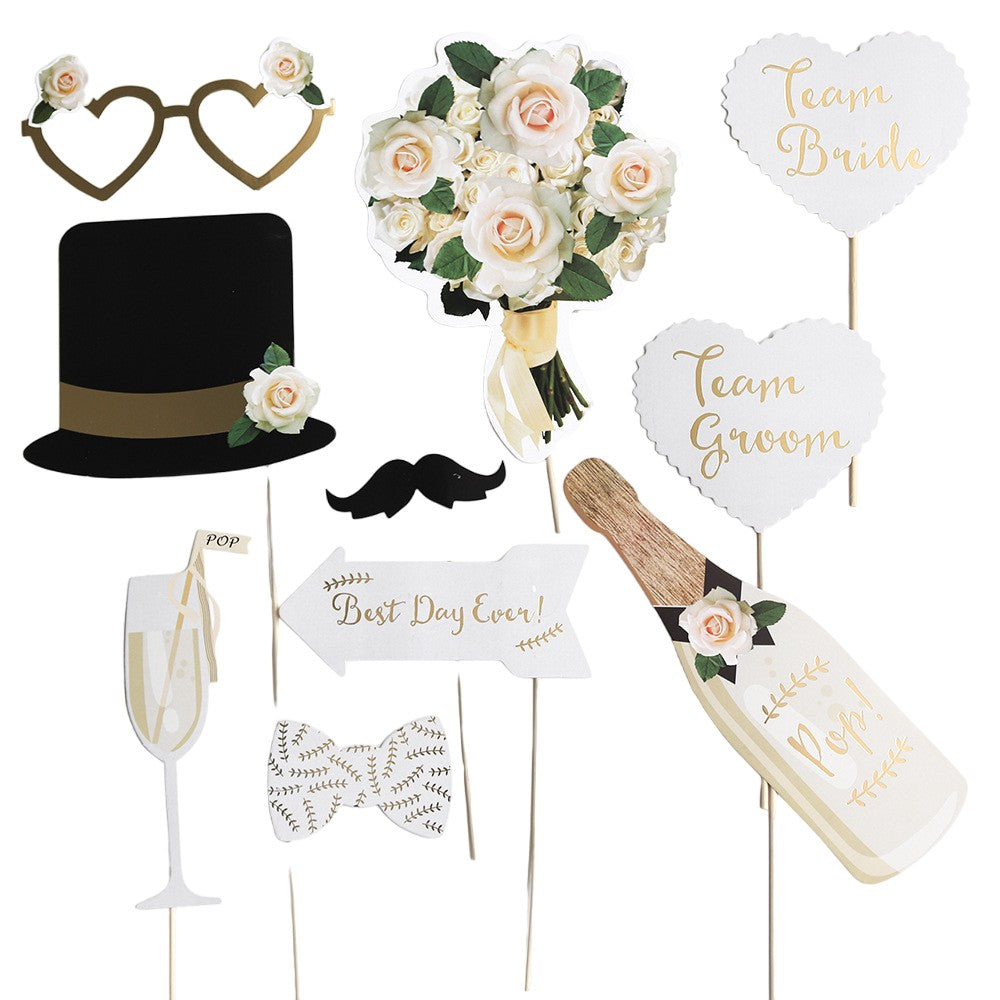 Set 10 Accesorii Foto Props Nunta, Sabloane Tematice pentru Photo Booth, Model Mire si Mireasa, Carton si Lemn, Multicolor, 10 Bucati