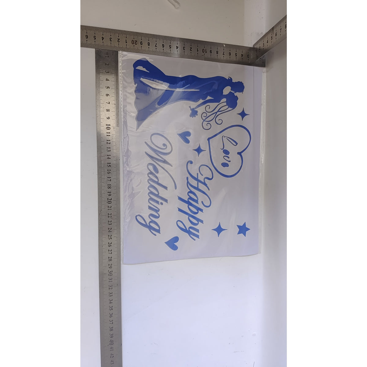 Sticker Autocolant Decorativ Nunta, Model Mesaj Happy Wedding, Material Rezistent, 21x29 cm, Albastru