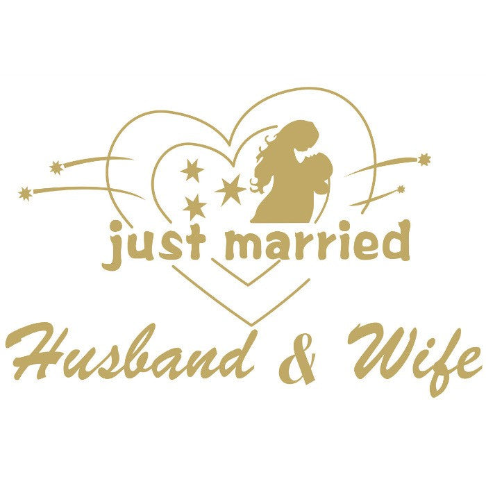 Sticker Autocolant Pentru Masina, Tematica Nunta Just Married Husband and Wife, Vinil Rezistent la Apa si UV, 21x29 cm, Auriu