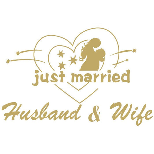 Sticker Autocolant Pentru Masina, Tematica Nunta Just Married Husband and Wife, Vinil Rezistent la Apa si UV, 21x29 cm, Auriu