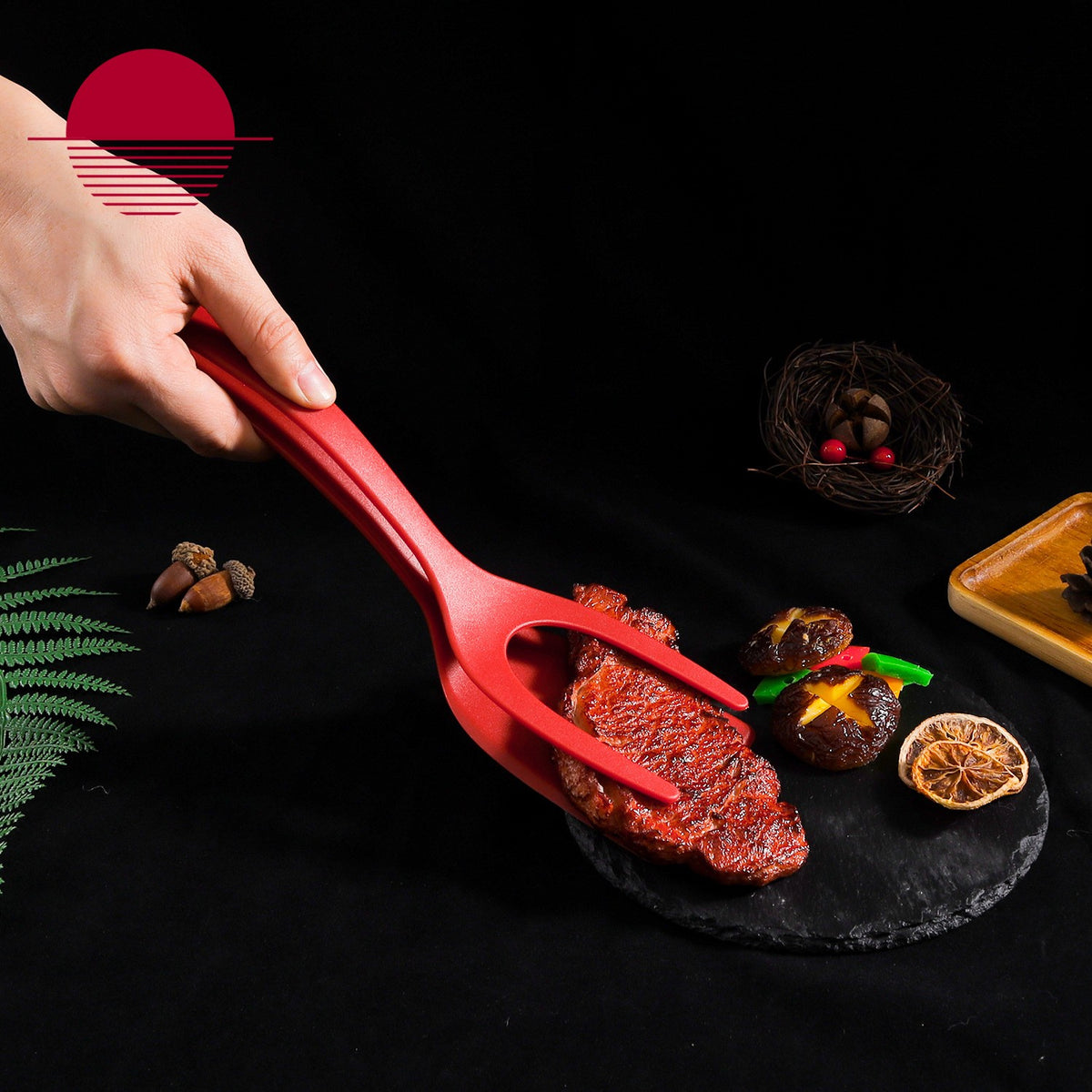 Spatula Multifunctionala Tip Cleste Pentru Gatit, Silicon Si Polipropilena, Ideala Pentru Carne Sau Paine, 31 x 8.5 cm, Rosu