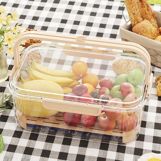 Caserolă Prânz și Cutie Depozitare Portabilă, Separator Gheață și Scurgere, Menține Prospețimea, Mâner Ergonomic, Polipropilenă, 25x16.5x11.5 cm, Crem/Transparent