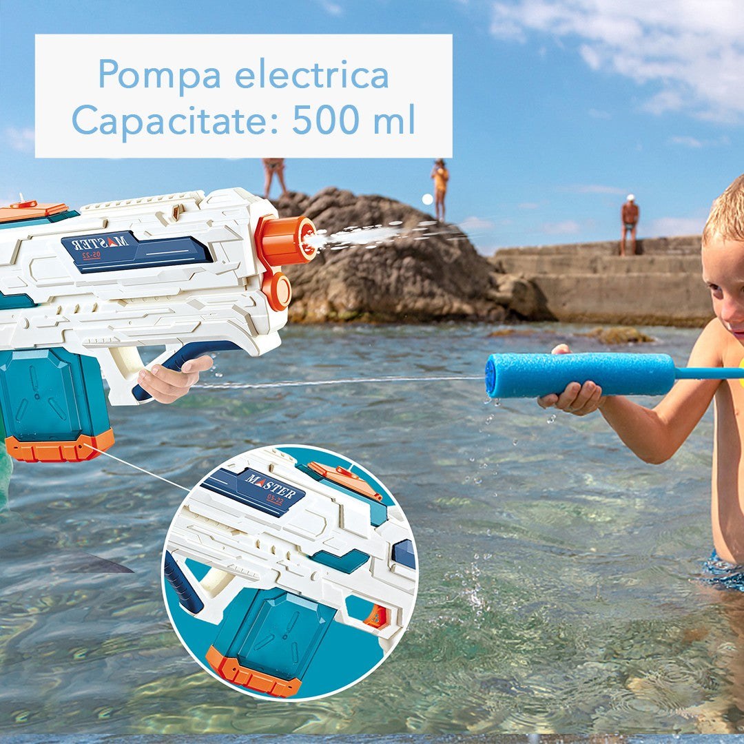 Pistol cu Apa Electric pentru Copii si Adulti, Functie de Tragere Automata Burst, Rezervor 600ml, Acumulator Reincarcabil 1200mAh, Alb/Albastru