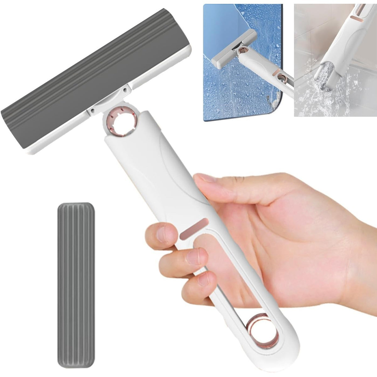 Mini Mop Portabil Cu Autostoarcere, Dispozitiv De Curatat Manual Cu Burete PVA Absorbant, Cap Rotativ Pentru Spatii Inguiste, Design Compact Suspendabil, 29.5 x 15.5 cm, 2 Rezerve Inlcuse, Alb