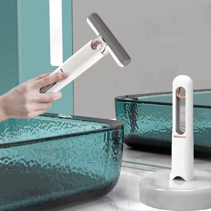 Mini Mop Portabil Cu Autostoarcere, Dispozitiv De Curatat Manual Cu Burete PVA Absorbant, Cap Rotativ Pentru Spatii Inguiste, Design Compact Suspendabil, 29.5 x 15.5 cm, 2 Rezerve Inlcuse, Alb