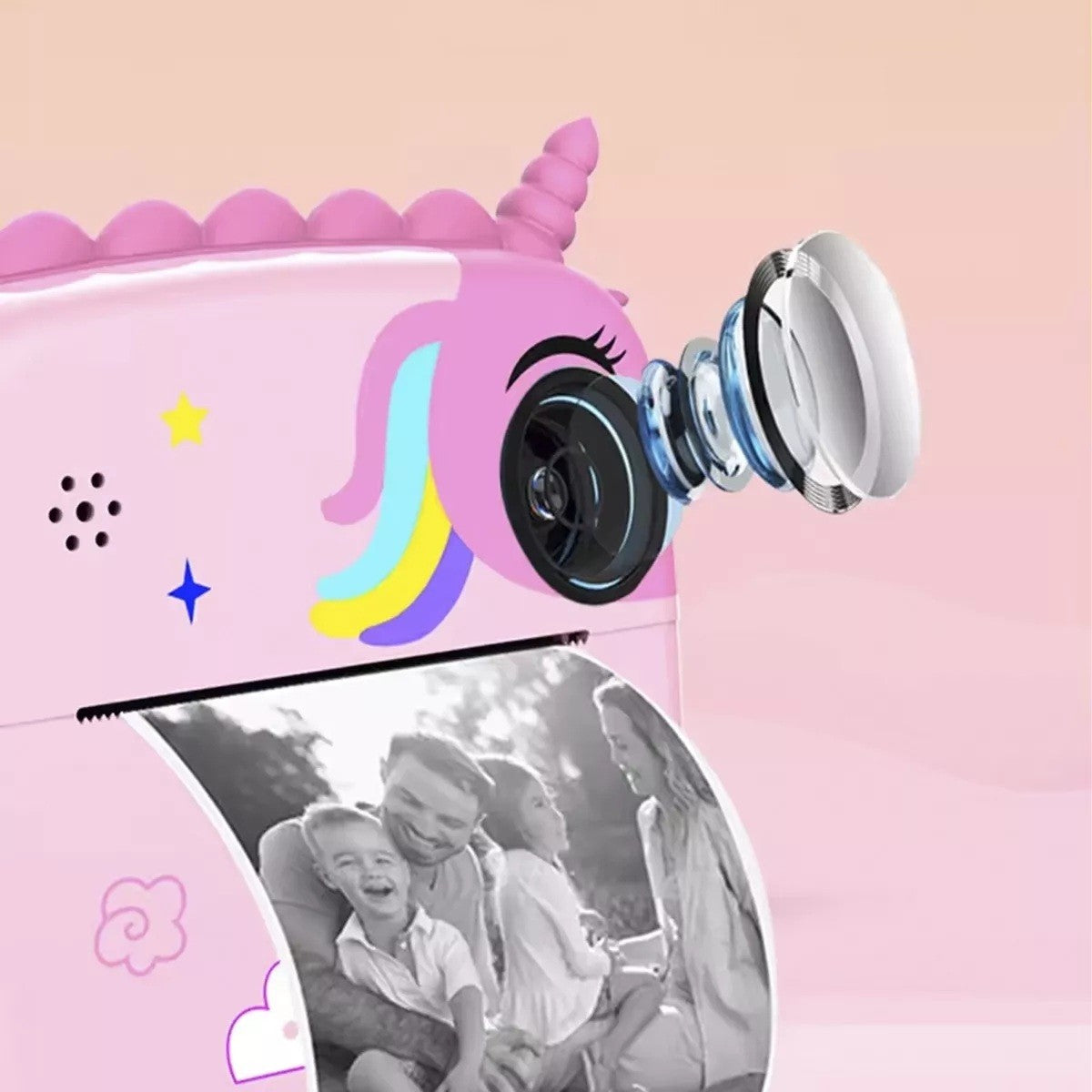 Camera Instantanee pentru Copii, Foto si Video HD 24MP, Imprimare Termica Alb-Negru, Dual Camera Selfie, Bluetooth, Ecran 2.4 Inch, Acumulator 1200 mAh, ABS, Model Unicorn, Roz