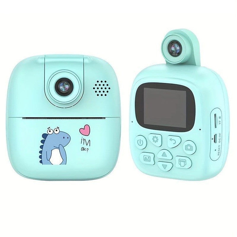 Camera Foto Instantanee Pentru Copii, Functie Printare Termica si Selfie, Camere Duale 24MP, Video 1080P, Conexiune Bluetooth, Ecran 2.0 Inch, Model Dino, Albastru