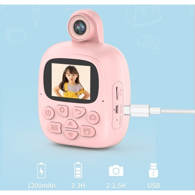 Aparat Foto Instant pentru Copii, Camera Duala Selfie 24MP, Video 1080p, Imprimare Termica, Bluetooth, Control Aplicatie, Model Bunny, Roz