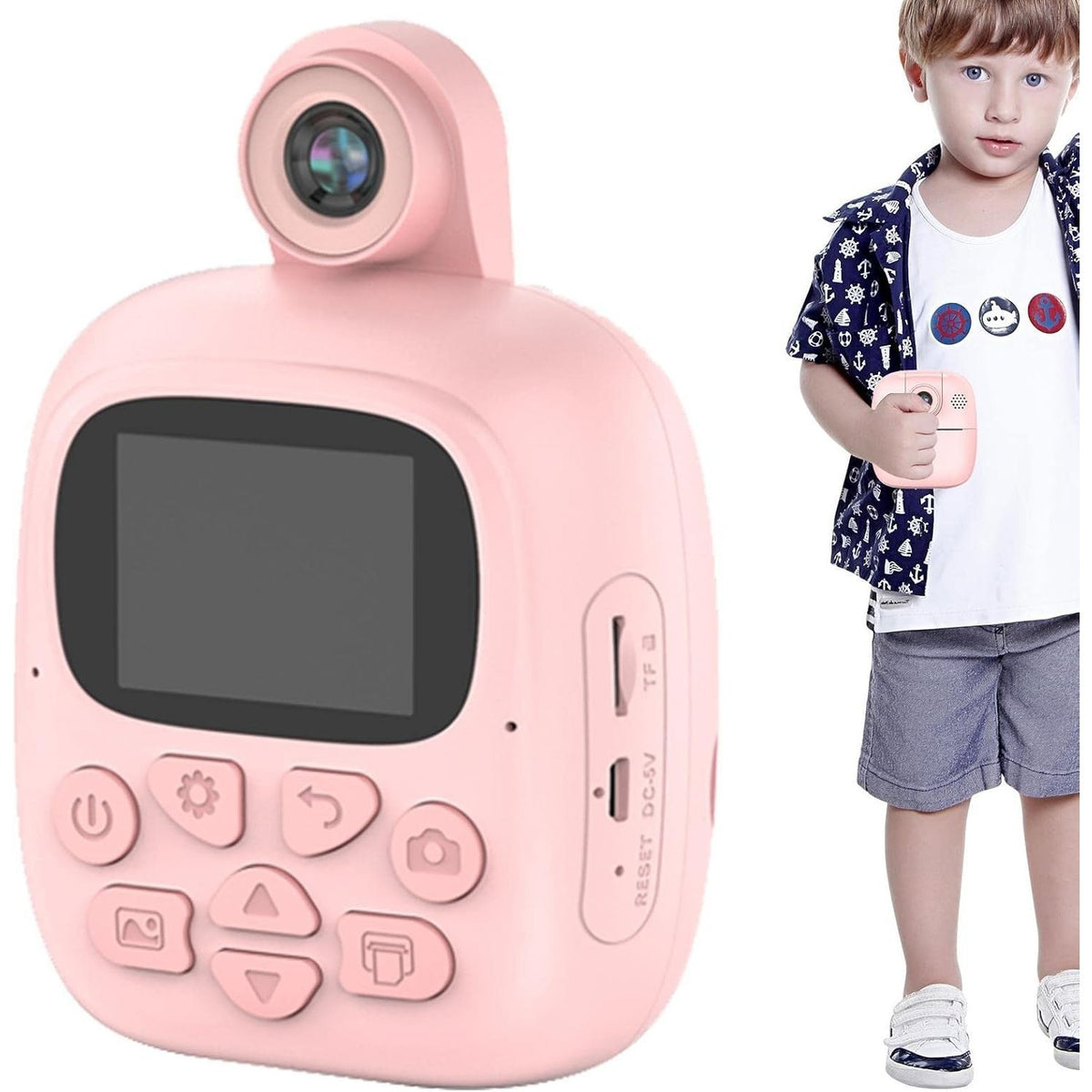 Aparat Foto Instant pentru Copii, Camera Duala Selfie 24MP, Video 1080p, Imprimare Termica, Bluetooth, Control Aplicatie, Model Bunny, Roz