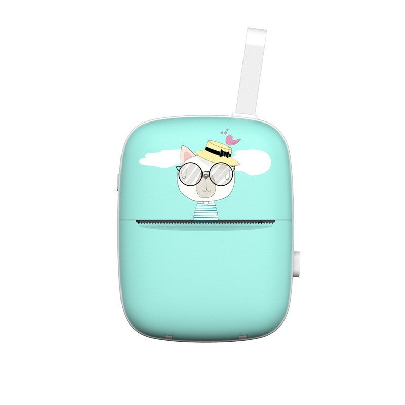 Mini Imprimanta Foto Portabila, Conectare Bluetooth, Tehnologie Termica Fara Cerneala, Design Pisica, Rezolutie 200 DPI, Incarcare USB, Baterie 1000 mAh, Include 10 Role Hartie si Markere, Albastru