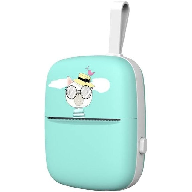 Mini Imprimanta Foto Portabila, Conectare Bluetooth, Tehnologie Termica Fara Cerneala, Design Pisica, Rezolutie 200 DPI, Incarcare USB, Baterie 1000 mAh, Include 10 Role Hartie si Markere, Albastru
