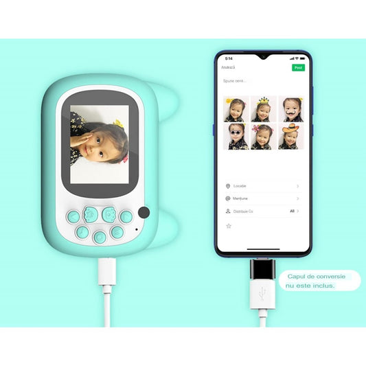 Camera Foto Instantanee Pentru Copii, Imprimare Termica Si Selfie Full HD 1080P, Bluetooth Cu Aplicatie iOS/Android, Slot Card TF, ABS Si Silicon, Model Pisica Smiley Face, Verde