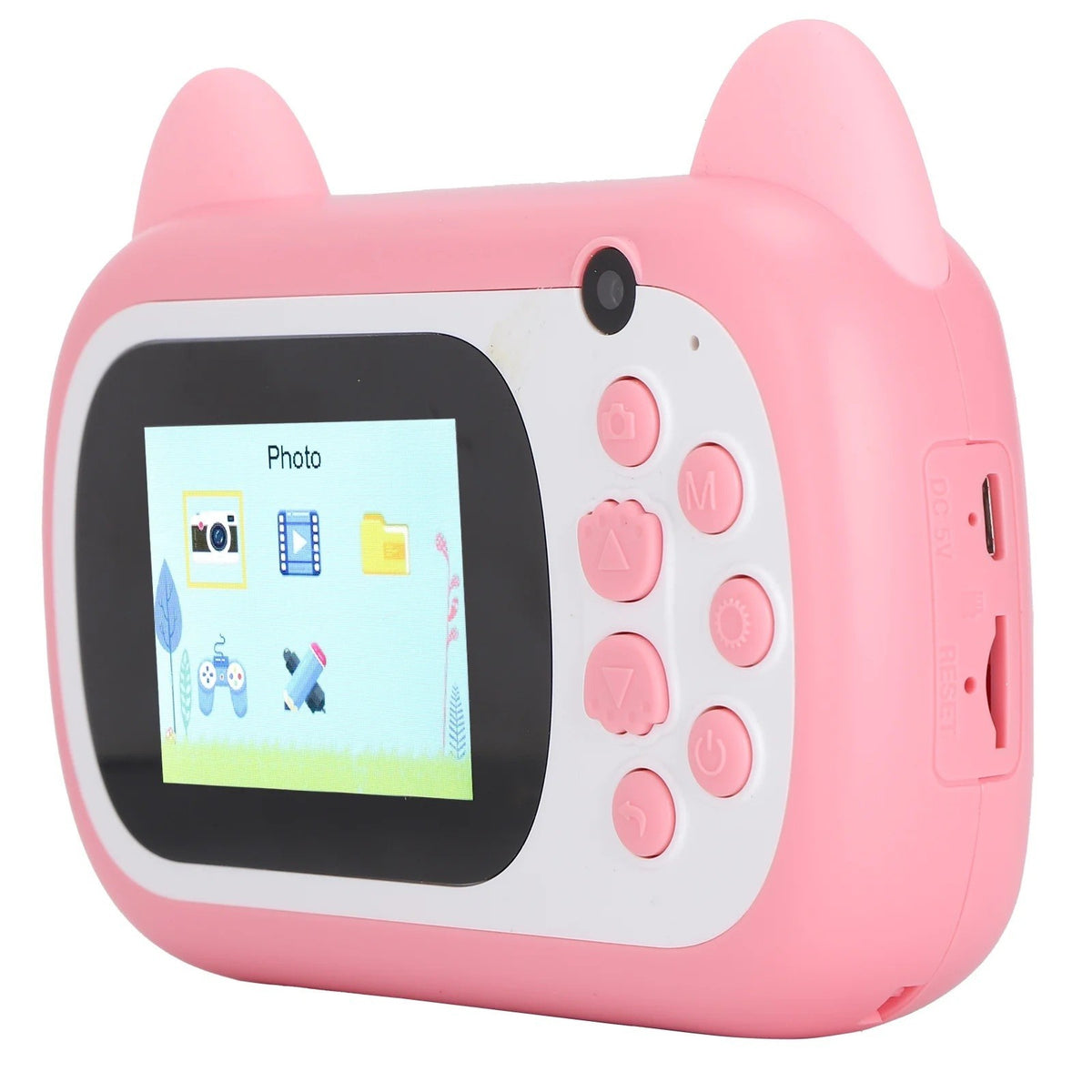 Camera Instantanee pentru Copii, Foto si Video Full HD 1080P, Selfie, Functie Imprimare Termica, Bluetooth, Compatibil iOS si Android, Control APP, Model Pisica Smiley Face, ABS si Silicon, Roz