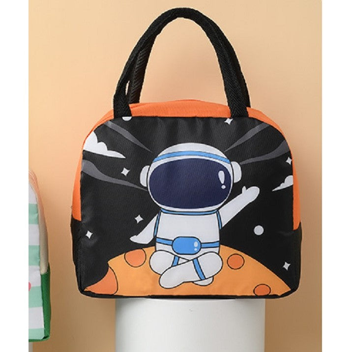 Geanta Termoizolanta pentru Copii, Geanta de Pranz cu Imprimeu Astronaut, Izolatie Termica 3 Straturi, Panza Oxford si Folie Aluminiu, 23 x 13 x 19 cm, Negru/Portocaliu