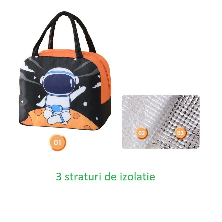 Geanta Termoizolanta pentru Copii, Geanta de Pranz cu Imprimeu Astronaut, Izolatie Termica 3 Straturi, Panza Oxford si Folie Aluminiu, 23 x 13 x 19 cm, Negru/Portocaliu