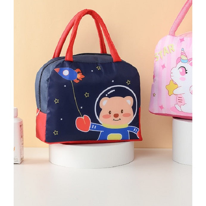 Geanta Termoizolanta pentru Copii, Caserola Pranz cu Izolatie Termica, Model Ursulet Astronaut, Panza Oxford si Folie Aluminiu, 23x13x19 cm, Albastru/Rosu