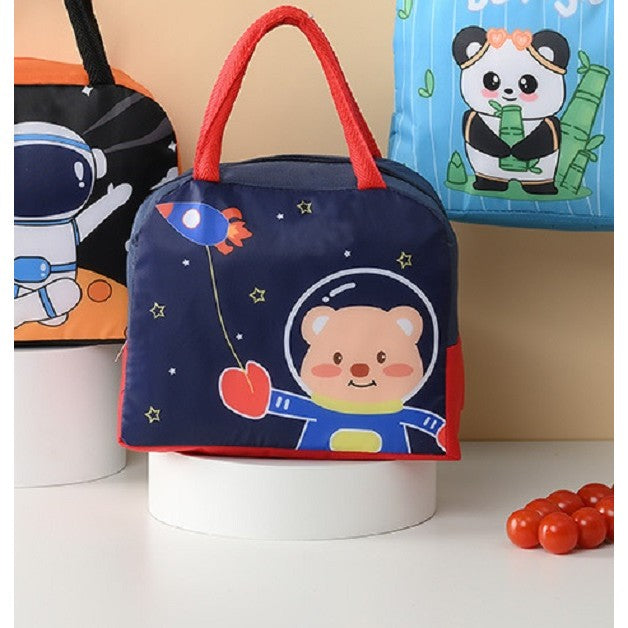 Geanta Termoizolanta pentru Copii, Caserola Pranz cu Izolatie Termica, Model Ursulet Astronaut, Panza Oxford si Folie Aluminiu, 23x13x19 cm, Albastru/Rosu