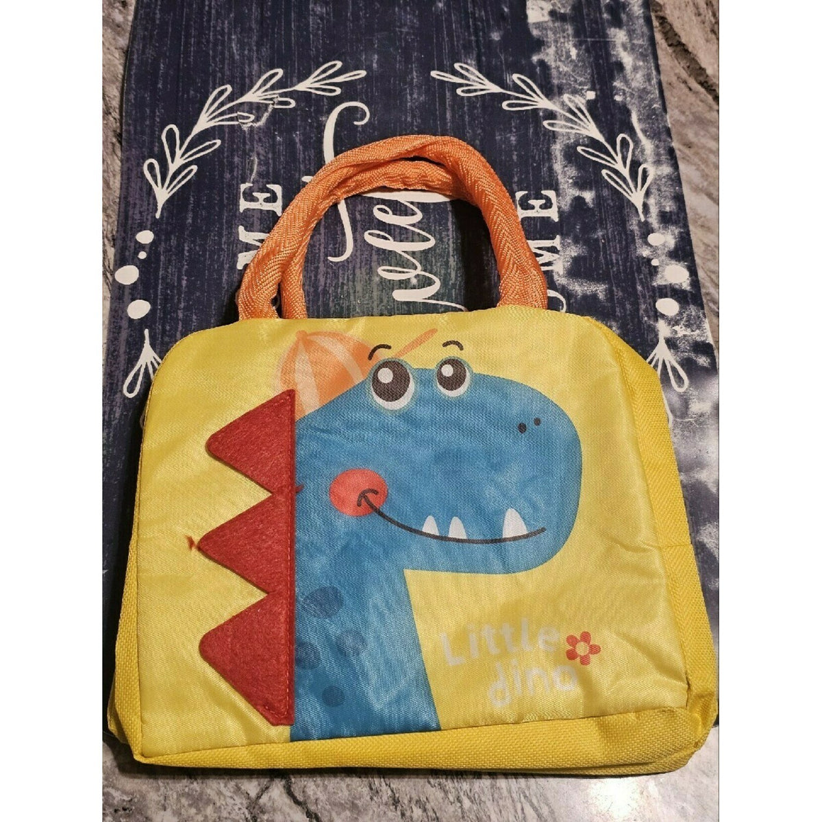 Geanta Termoizolanta pentru Pranz Copii, Imprimeu Dinozaur, Panza Oxford si Folie Aluminiu, Rezistenta la Apa, Albastru/Galben, 23x13x19 cm