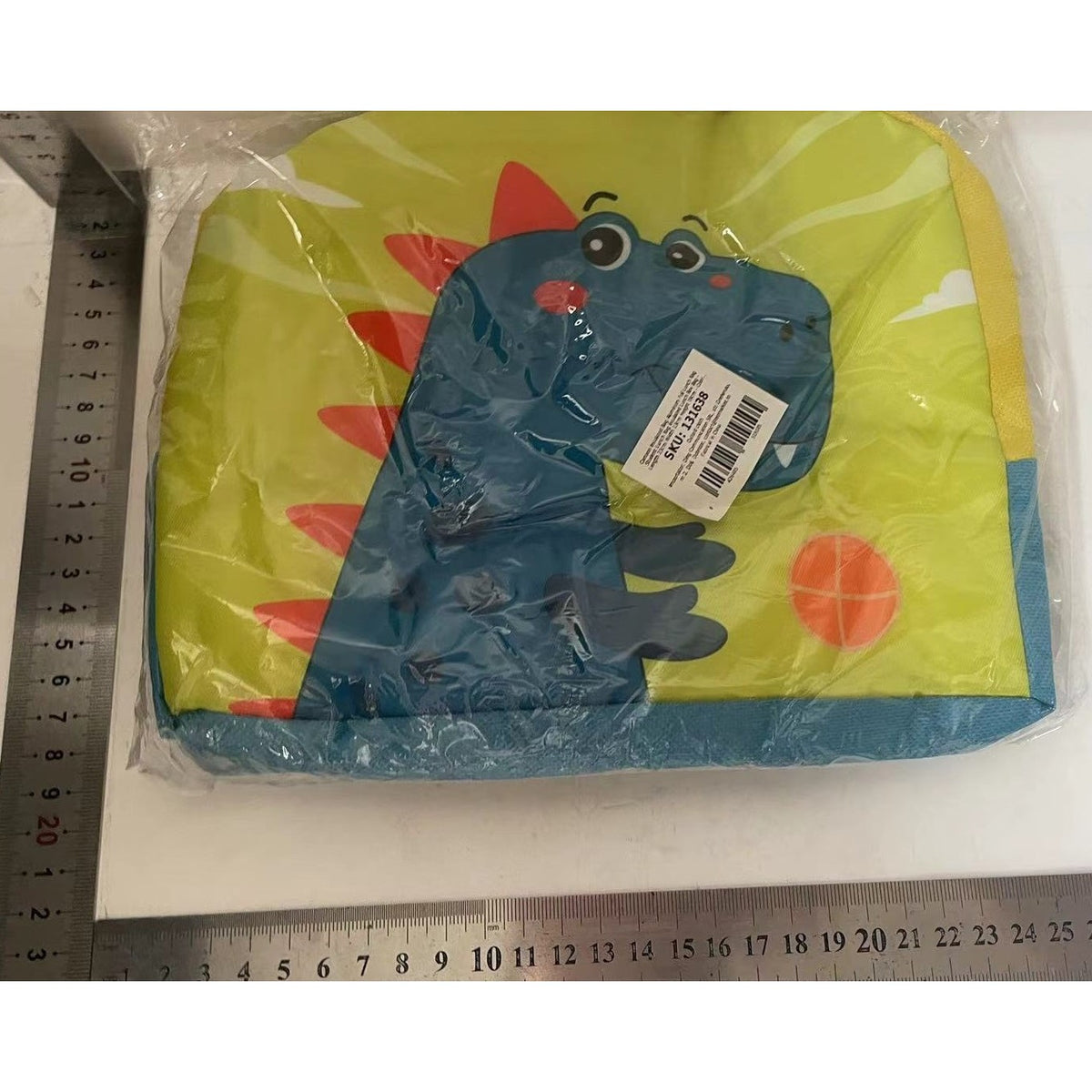 Geanta Termoizolanta pentru Pranz Copii, Imprimeu Dinozaur, Panza Oxford si Folie Aluminiu, Rezistenta la Apa, Albastru/Galben, 23x13x19 cm