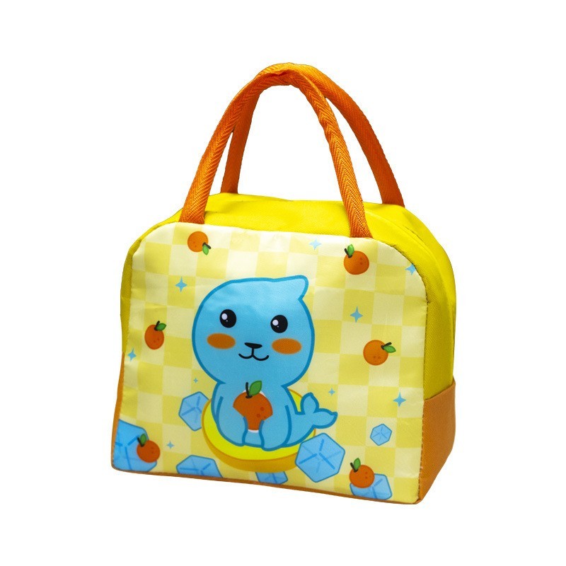 Geanta Termoizolanta pentru Copii, Model Imprimeu Foca, Izolatie Termica 3 Straturi, Panza Oxford si Folie Aluminiu, 23x13x19 cm, Galben/Portocaliu