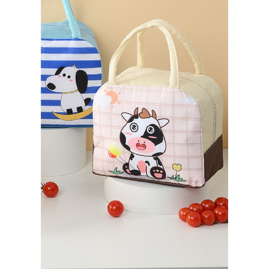 Geanta Termoizolanta pentru Copii, Caserola Pranz cu Imprimeu Vacuta, Panza Oxford si Folie Aluminiu, Bej, 23x13x19 cm