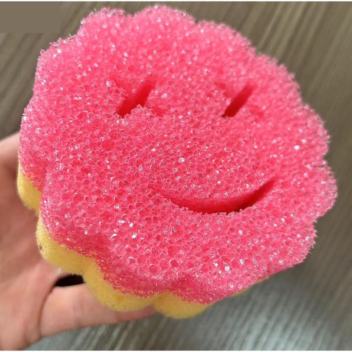 Burete de Vase Rotund, Model Smiley Face cu Doua Fete, Adaptabil la Temperatura Apei, Material Burete PU, 10 x 4 cm, Roz/Galben