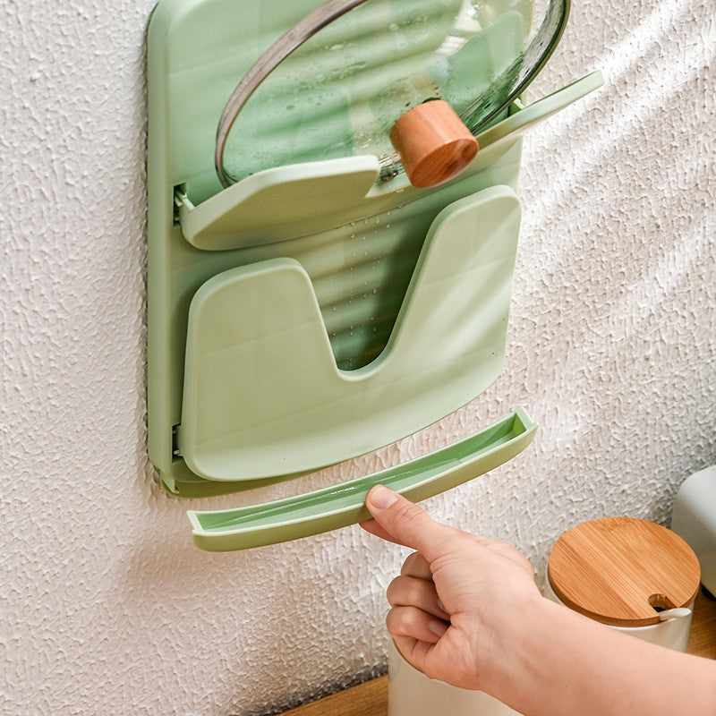 Suport de Bucatarie pentru Capace si Tocatoare, Organizator Pliabil cu Colector de Apa, Montare pe Perete fara Gaurire, Plastic, 33.3 x 20.7 x 3.5 cm, Verde