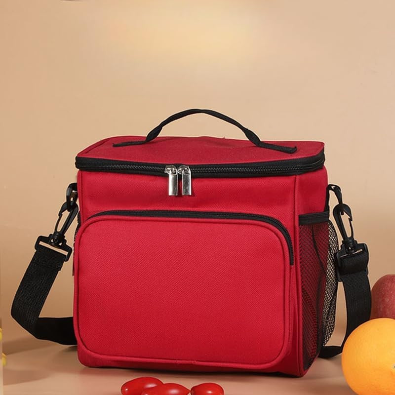 Geanta pentru Pranz Termoizolanta, Compartimentata si Impermeabila, Geanta Messenger cu 2 Tipuri de Manere pentru Birou sau Picnic, Material Textil, 26x24x17 cm, Rosu