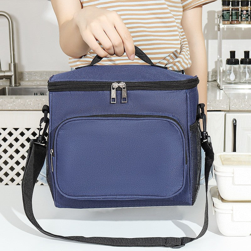 Geanta pentru Pranz Termoizolanta, Model Multifunctional cu Compartimente, Material Impermeabil, Curea de Umar Reglabila si Manere, 26x24x17 cm, Albastru Navy