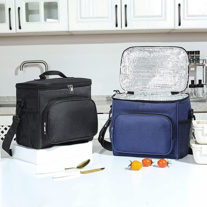 Geanta pentru Pranz Termoizolanta, Model Multifunctional cu Compartimente, Material Impermeabil, Curea de Umar Reglabila si Manere, 26x24x17 cm, Albastru Navy