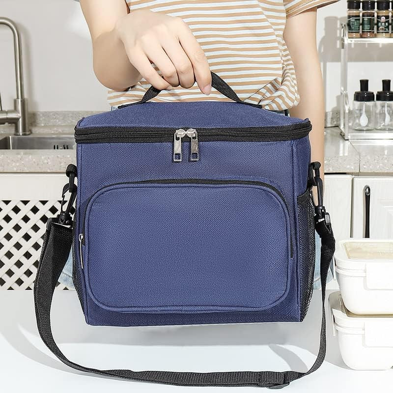 Geanta pentru Pranz Termoizolanta, Model Multifunctional cu Compartimente, Material Impermeabil, Curea de Umar Reglabila si Manere, 26x24x17 cm, Albastru Navy