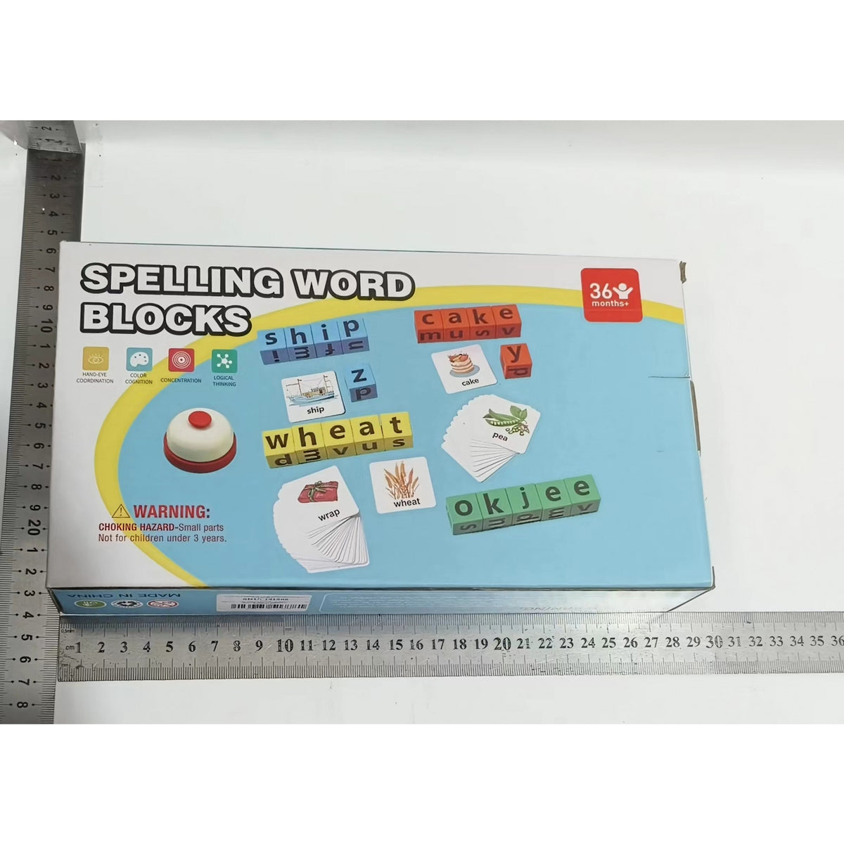Joc Educativ de Formare Cuvinte, Blocuri din Lemn cu Cartonas Animale si Clopotel, Joc Interactiv de Grup pentru 4 Persoane, 3 Ani+, 28x15.5x5 cm, Multicolor