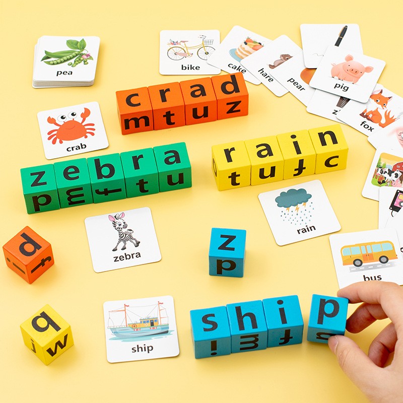 Joc Educativ de Formare Cuvinte, Blocuri din Lemn cu Cartonas Animale si Clopotel, Joc Interactiv de Grup pentru 4 Persoane, 3 Ani+, 28x15.5x5 cm, Multicolor