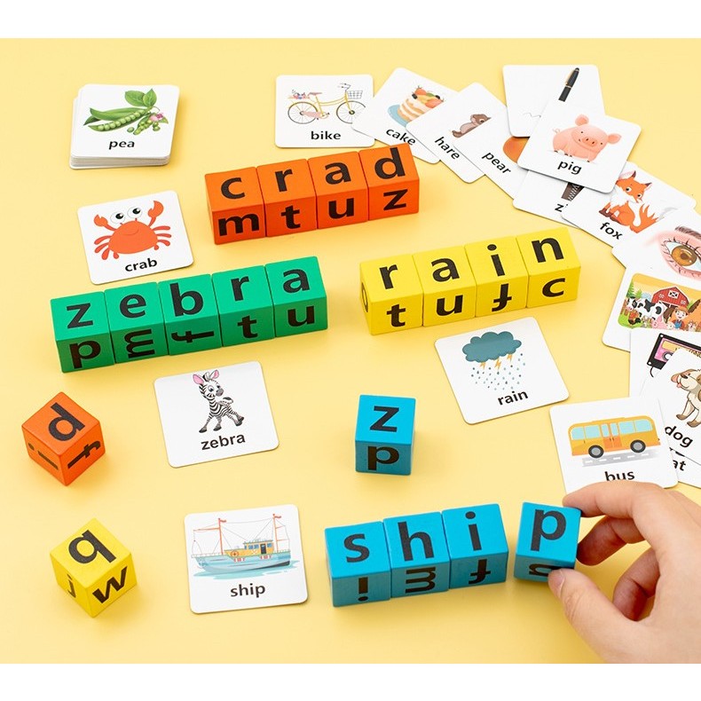 Joc Educativ de Formare Cuvinte, Blocuri din Lemn cu Cartonas Animale si Clopotel, Joc Interactiv de Grup pentru 4 Persoane, 3 Ani+, 28x15.5x5 cm, Multicolor