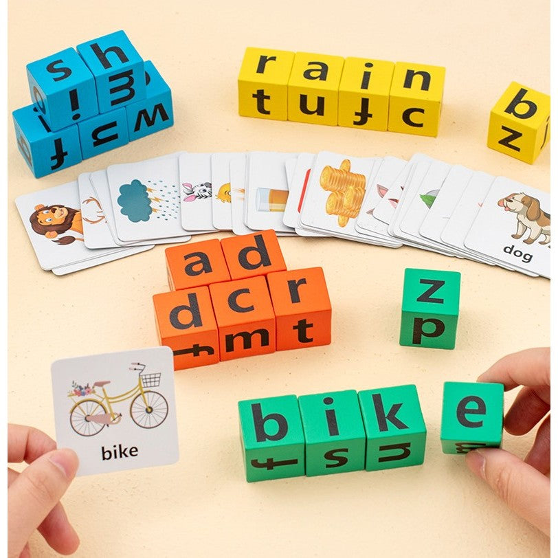 Joc Educativ de Formare Cuvinte, Blocuri din Lemn cu Cartonas Animale si Clopotel, Joc Interactiv de Grup pentru 4 Persoane, 3 Ani+, 28x15.5x5 cm, Multicolor