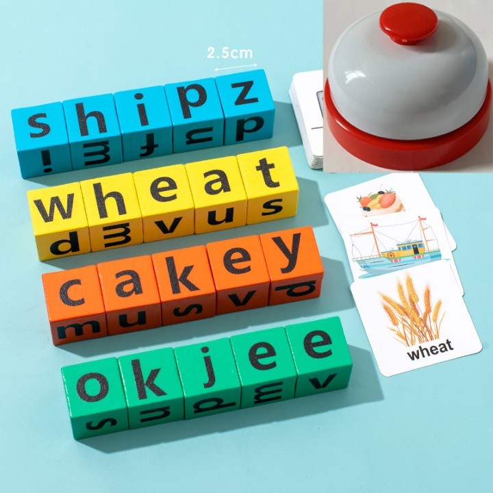 Joc Educativ de Formare Cuvinte, Blocuri din Lemn cu Cartonas Animale si Clopotel, Joc Interactiv de Grup pentru 4 Persoane, 3 Ani+, 28x15.5x5 cm, Multicolor