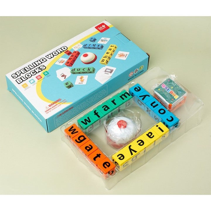 Joc Educativ de Formare Cuvinte, Blocuri din Lemn cu Cartonas Animale si Clopotel, Joc Interactiv de Grup pentru 4 Persoane, 3 Ani+, 28x15.5x5 cm, Multicolor