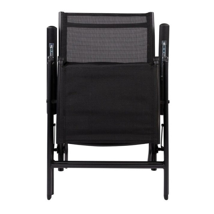 Scaun 2în1 de Grădină și Șezlong Pliabil, Spătar Reglabil în 8 Trepte cu Suport Picioare, Cadru Metalic și Material Teslin Impermeabil, 47 x 110 x 46 cm, Negru