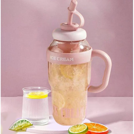 Sticla de Apa Reutilizabila, Bidon Hidratare cu Pai si Capac Etans, Maner Transport, Plastic Transparent si Silicon, 1400 ml, Roz Deschis