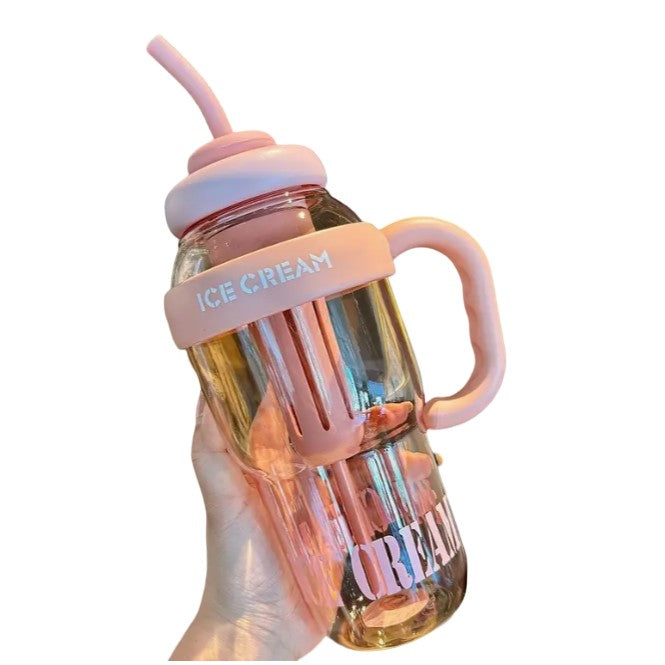 Sticla de Apa Reutilizabila, Bidon Hidratare cu Pai si Capac Etans, Maner Transport, Plastic Transparent si Silicon, 1400 ml, Roz Deschis