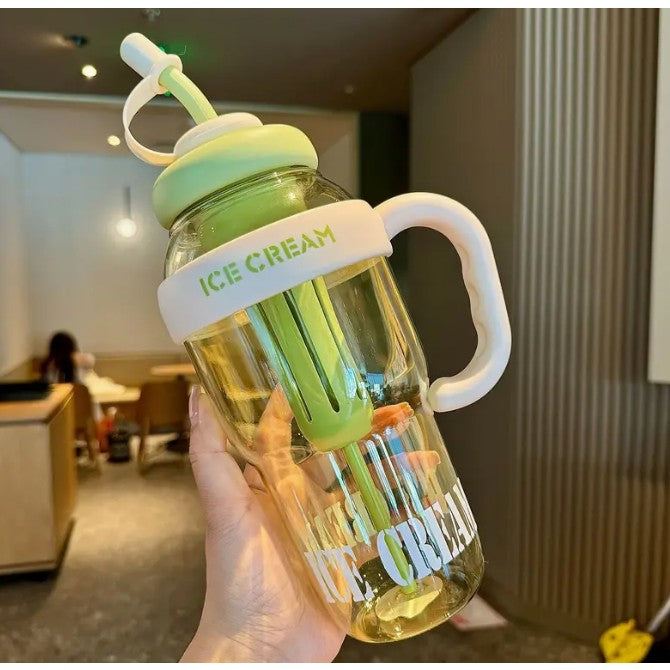 Sticla de Apa Reutilizabila cu Pai si Capac Etans, Recipient Transparent pentru Hidratare cu Maner, PP si Silicon, 1400 ml, Verde/Alb, 25.5x7.5 cm