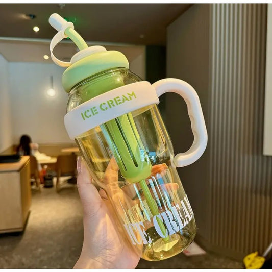 Sticla de Apa Reutilizabila cu Pai si Capac Etans, Recipient Transparent pentru Hidratare cu Maner, PP si Silicon, 1400 ml, Verde/Alb, 25.5x7.5 cm