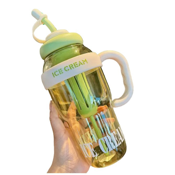Sticla de Apa Reutilizabila cu Pai si Capac Etans, Recipient Transparent pentru Hidratare cu Maner, PP si Silicon, 1400 ml, Verde/Alb, 25.5x7.5 cm