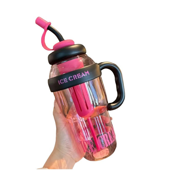 Sticla de Apa Termica, Recipient Hidratare cu Pai si Maner, Plastic PP si Silicon, Capacitate 1400 ml, Roz