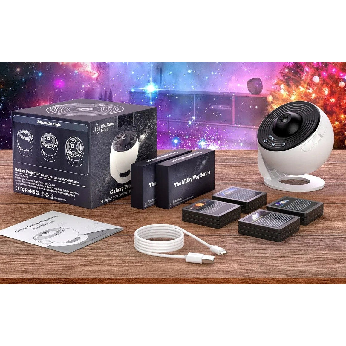 Lampa Proiector Galaxie HD, Proiector Cer Instelat cu Rotire 360 Grade, 20 de Imagini, Temporizator, Incarcare USB, 10W, ABS, 15x15 cm, Alb Negru