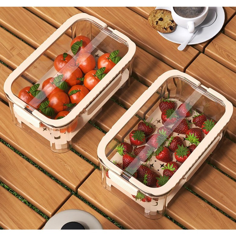 Cutie Depozitare Alimente cu 2 Compartimente, Zona pentru Gheata si Maner, Recipient Organizare Bucatarie, Material PET Rezistent, 23x15x10.8 cm, Bej