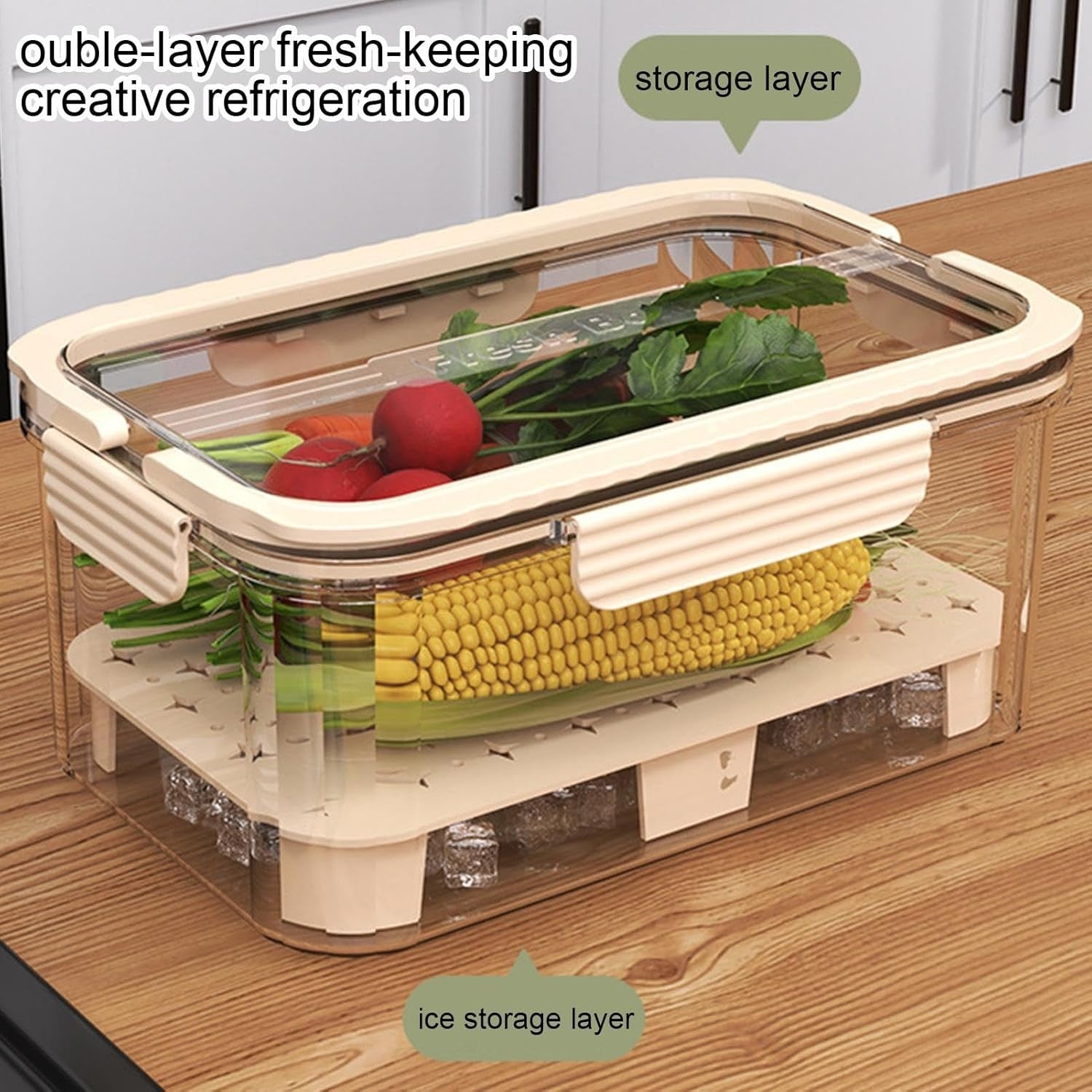 Cutie Depozitare Alimente cu 2 Compartimente, Zona pentru Gheata si Maner, Recipient Organizare Bucatarie, Material PET Rezistent, 23x15x10.8 cm, Bej