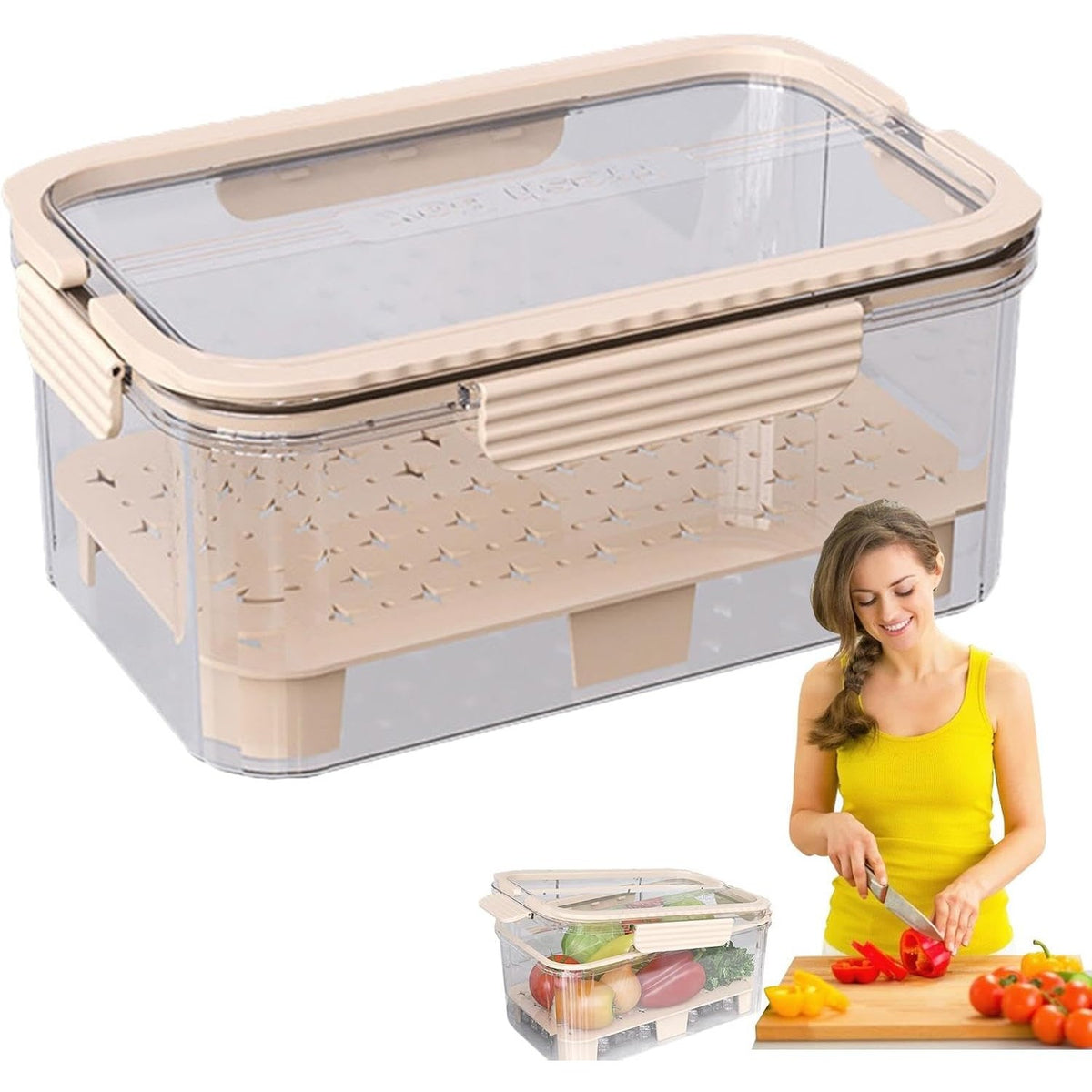 Cutie Depozitare Alimente cu 2 Compartimente, Zona pentru Gheata si Maner, Recipient Organizare Bucatarie, Material PET Rezistent, 23x15x10.8 cm, Bej