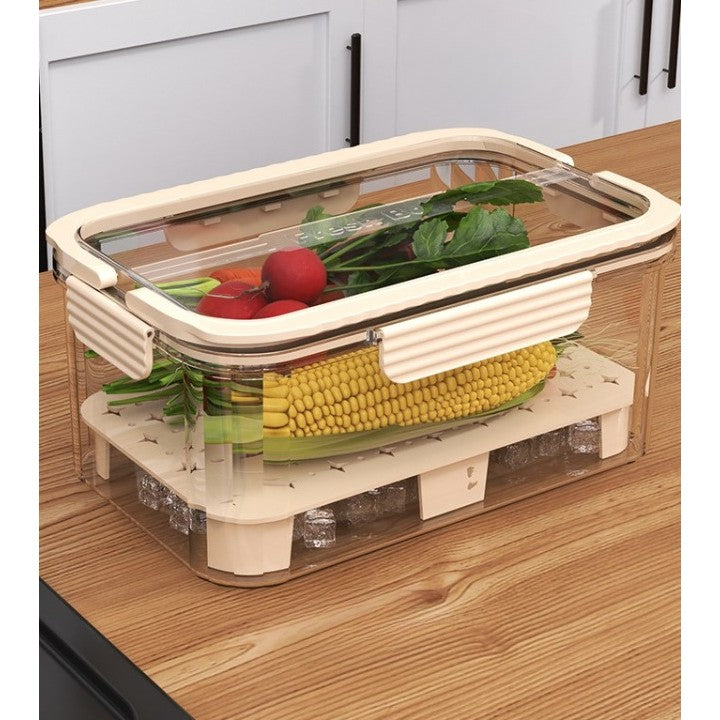 Cutie Depozitare Alimente cu 2 Compartimente, Zona pentru Gheata si Maner, Recipient Organizare Bucatarie, Material PET Rezistent, 23x15x10.8 cm, Bej