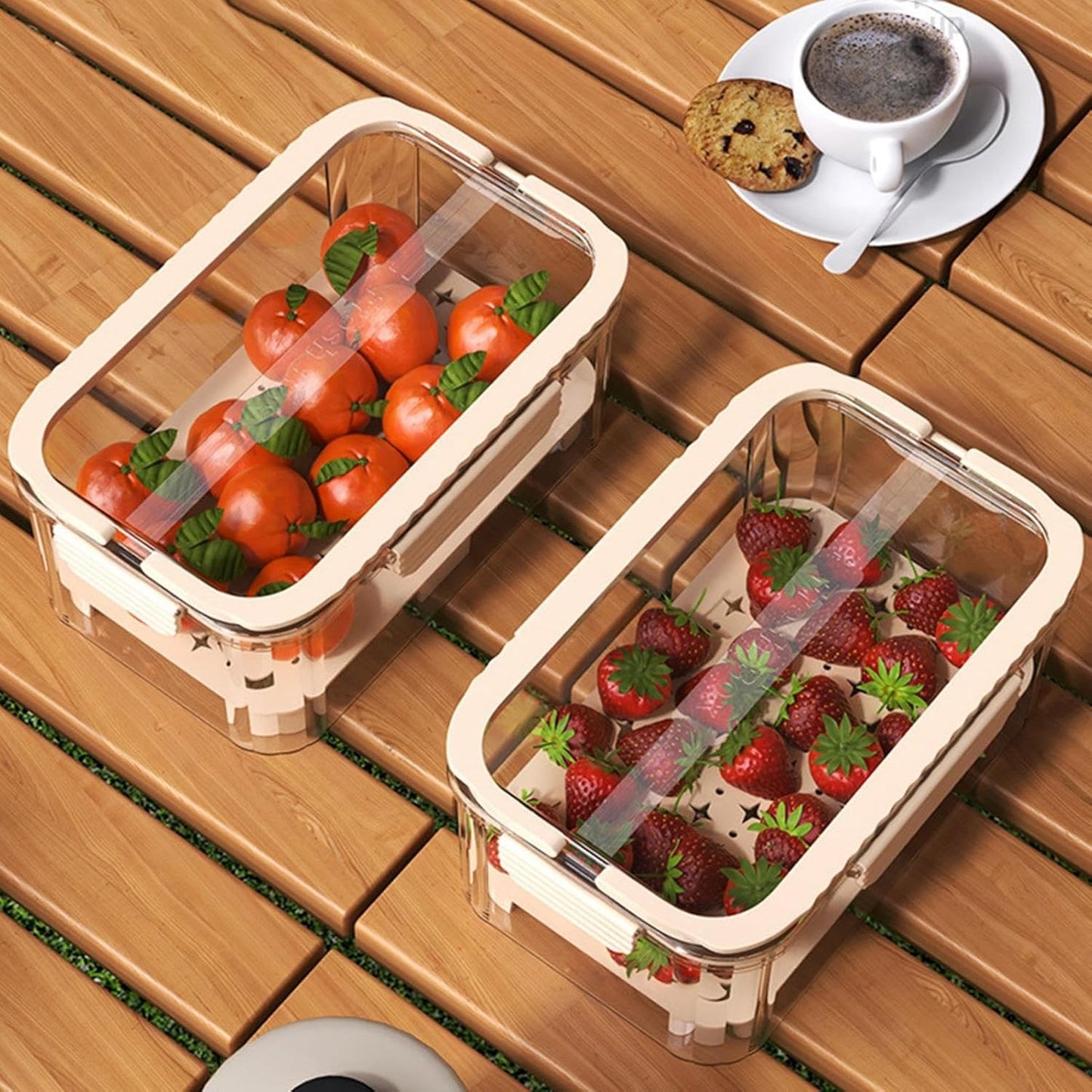 Cutie Depozitare Alimente cu 2 Compartimente, Zona pentru Gheata si Maner, Recipient Organizare Bucatarie, Material PET Rezistent, 23x15x10.8 cm, Bej